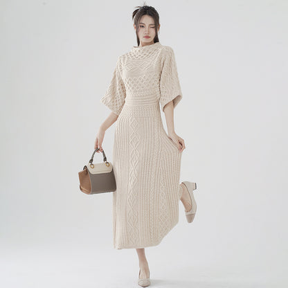 High-end design knitwear solid color women slim waist summer half-sleeve A-line long cable knitted dress
