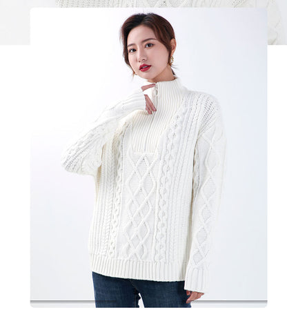 High quality thick twist solid color warm fleece tops elegant half zipper turtleneck pullover sweaters for women