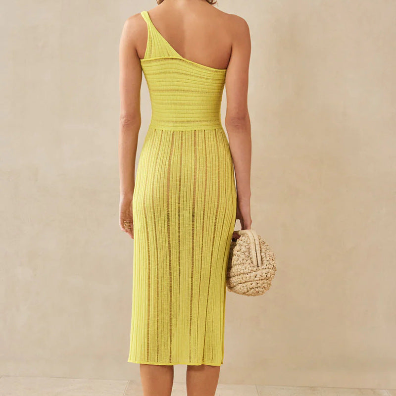 summer fashion knitted One Shoulder irregular design omen’s sexy stylish hollow out see through mini vacation dress