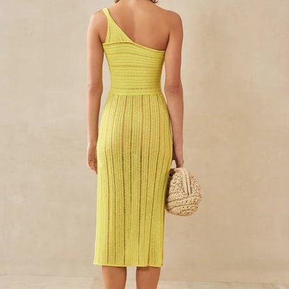 summer fashion knitted One Shoulder irregular design omen’s sexy stylish hollow out see through mini vacation dress