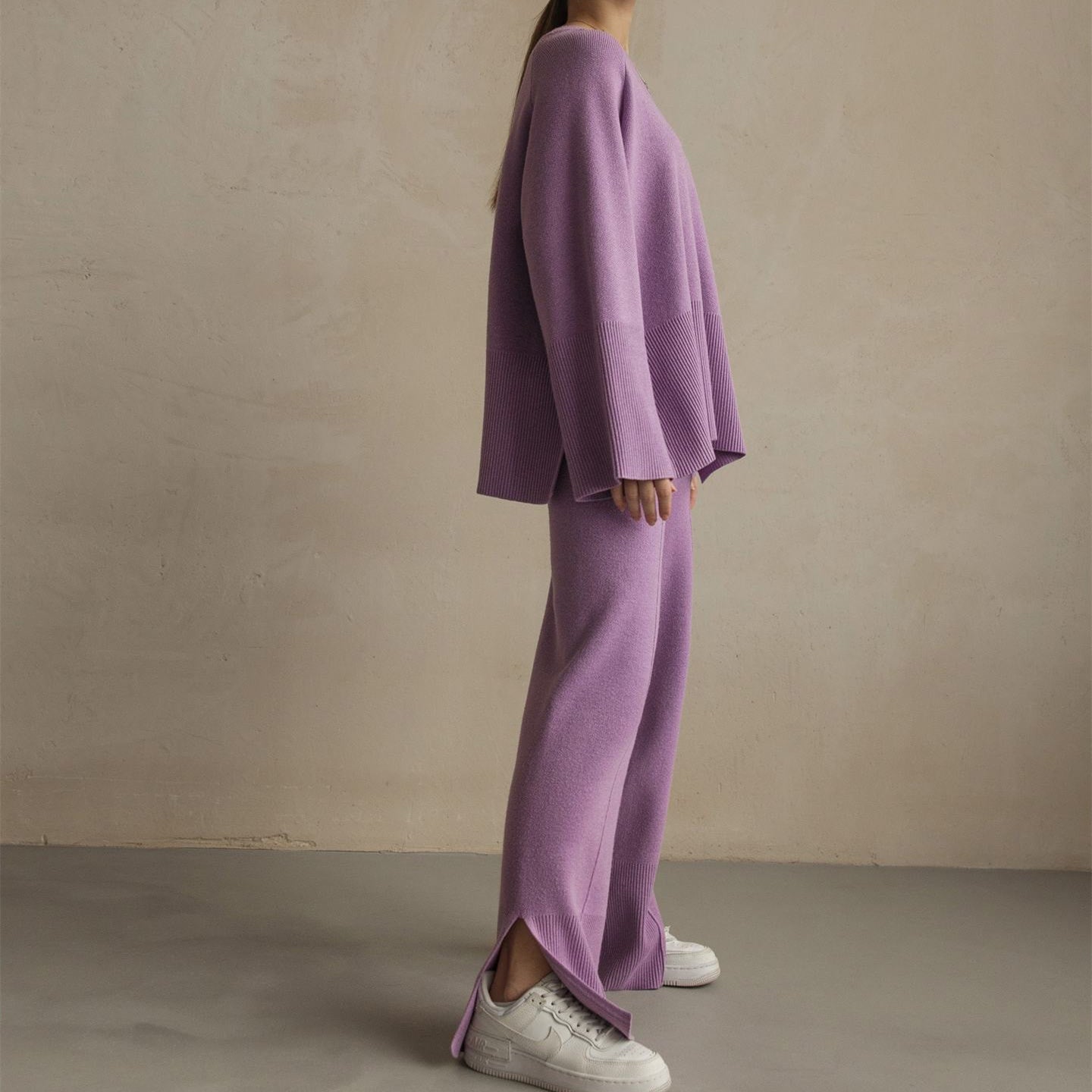 High Quality pure color twinset Oversize knitwear women casual side split knitted 2 piece matching outfits