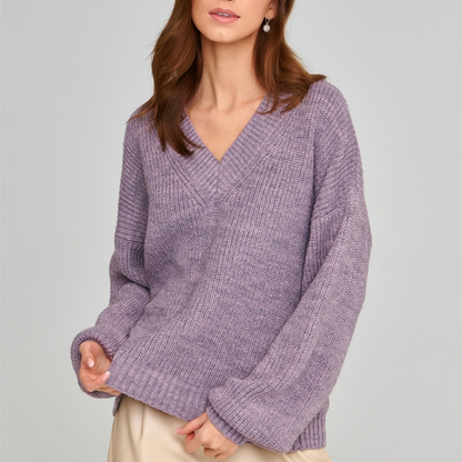 casual knitwear solid color v neck pullover elegant streetwear loose women lantern sleeve sweaters