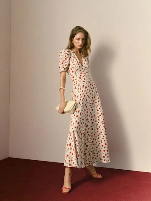Women Ivory Red Floral Print Short Sleeve Deep V Neck Midi Dress Formal Daily Elegant Summer Breathable Natural Waistline Outfit