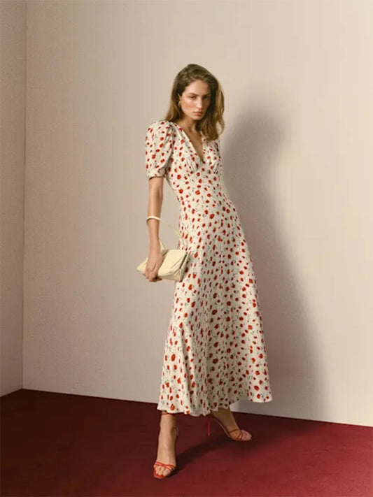 Women Ivory Red Floral Print Short Sleeve Deep V Neck Midi Dress Formal Daily Elegant Summer Breathable Natural Waistline Outfit
