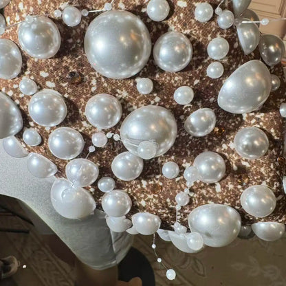 ZD Plus-Size Pearl Embellished Knee-Length Natural Eco-Friendly Elegant Party Gown Long Sleeves for Birthday Celebrations