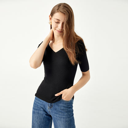New design Five-quarter sleeve v neck Knitwear Spring summer Solid color Pullover elegant Women Sweater