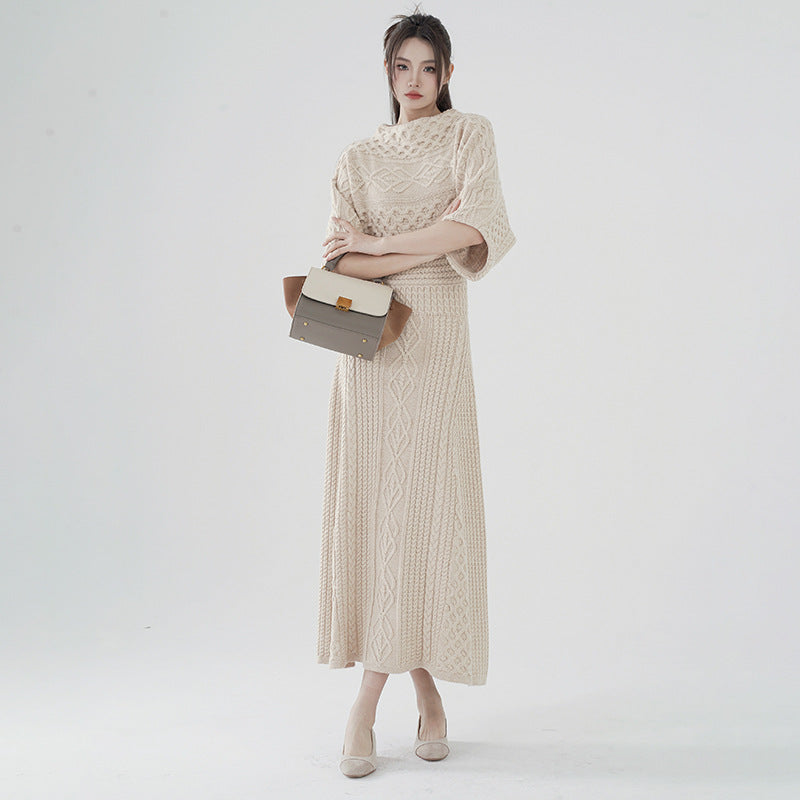 High-end design knitwear solid color women slim waist summer half-sleeve A-line long cable knitted dress