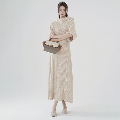 High-end design knitwear solid color women slim waist summer half-sleeve A-line long cable knitted dress