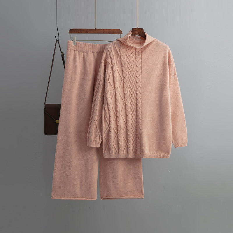 Trending Fashion Winter Autumn Casual Pullover Loungewear Elegant cable sweaters wide leg two piece pants set