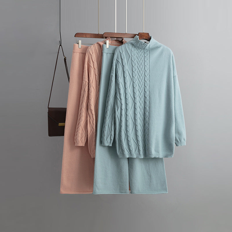 Trending Fashion Winter Autumn Casual Pullover Loungewear Elegant cable sweaters wide leg two piece pants set