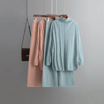 Trending Fashion Winter Autumn Casual Pullover Loungewear Elegant cable sweaters wide leg two piece pants set