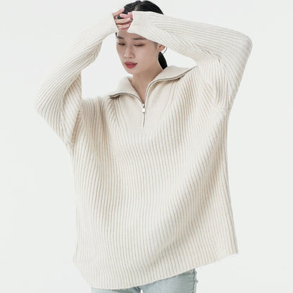 Knitwear autumn winter zipper turn down collar long sleeve luxury women cashmere pullover sweater