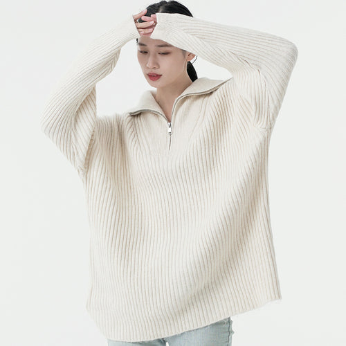 Knitwear autumn winter zipper turn down collar long sleeve luxury women cashmere pullover sweater