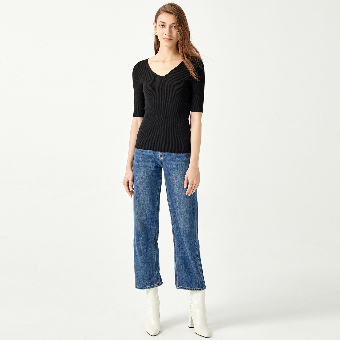 New design Five-quarter sleeve v neck Knitwear Spring summer Solid color Pullover elegant Women Sweater