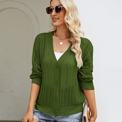women hollow out sweater v neck Long Sleeve knitwear winter solid color knitted elegant cardigan
