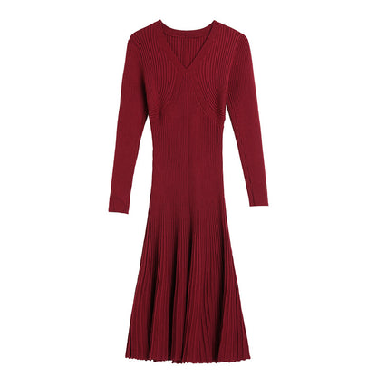women fashion long sleeve knitwear slim fit elegant pullover v neck sweater knit midi dress