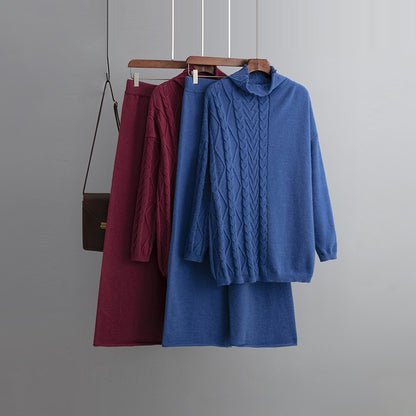 Trending Fashion Winter Autumn Casual Pullover Loungewear Elegant cable sweaters wide leg two piece pants set