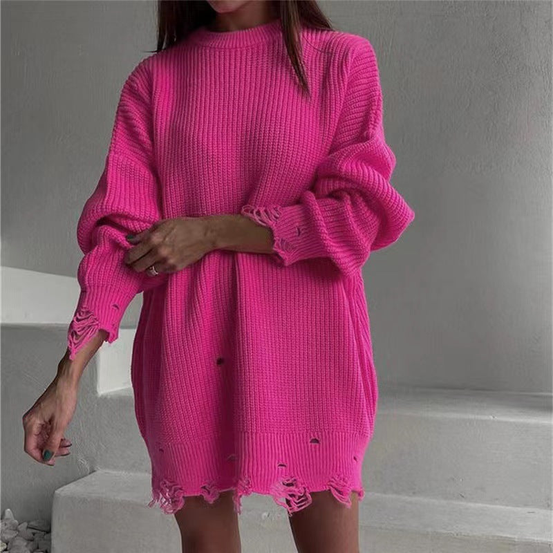 Hot sales oversize pure color knitwear o-neck elegant hollow out knitted women dress sweaters
