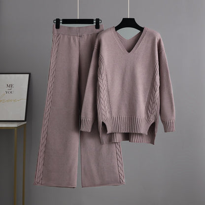 Trending Fashion V neck oversize cable sweaters wide leg pants elegant knitted loungewear women two piece pants set