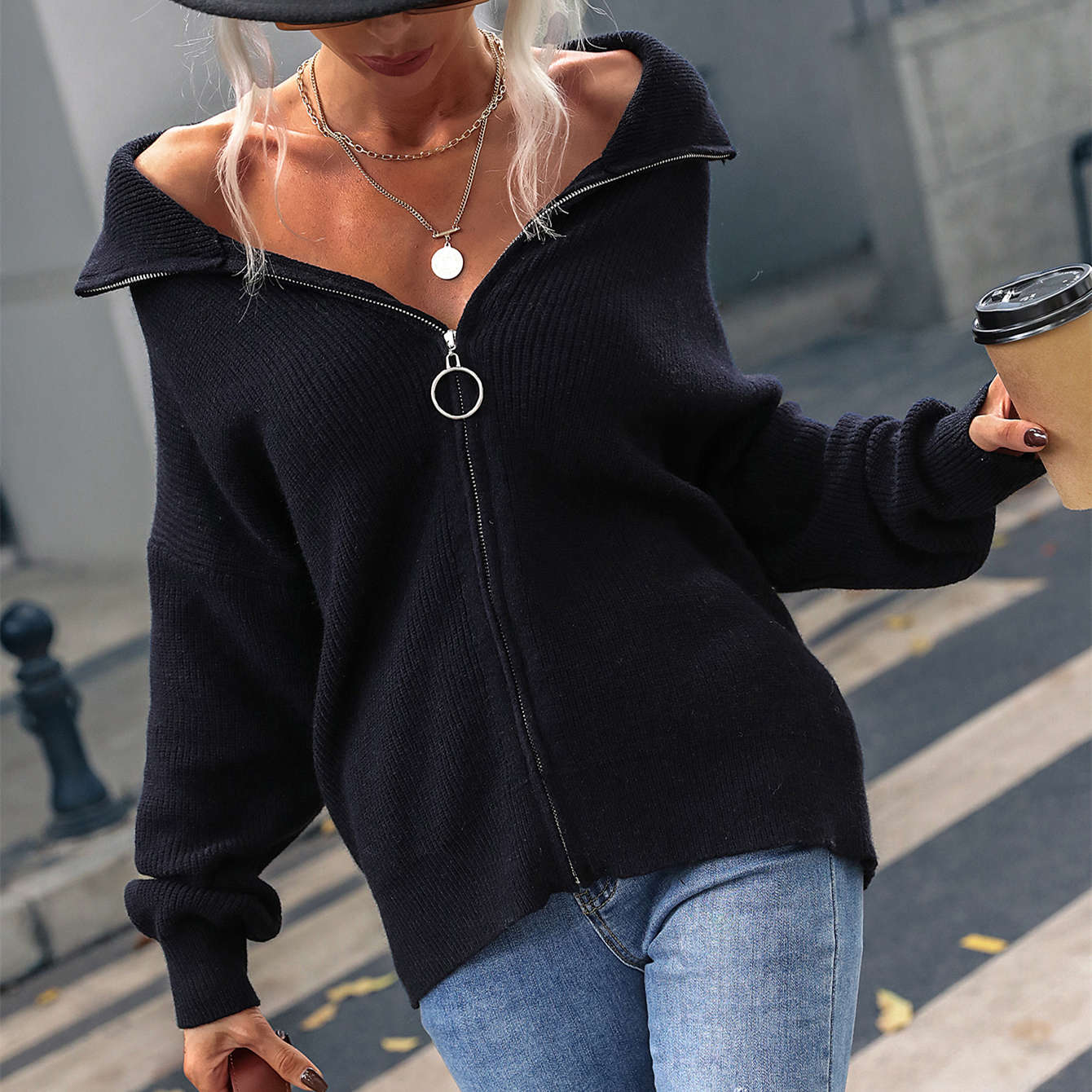 Knitwear turn down neck long sleeve wool casual winter knit top women knitted sweater cardigan
