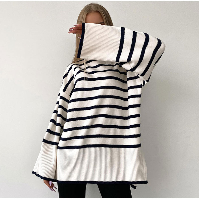 rolled neck sweaters oversize color blocking side split women autumn winter jumper mujer