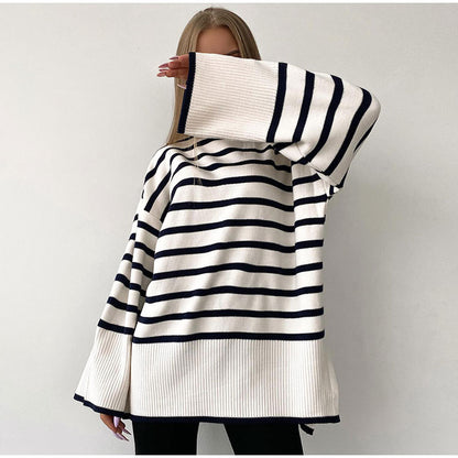 rolled neck sweaters oversize color blocking side split women autumn winter jumper mujer