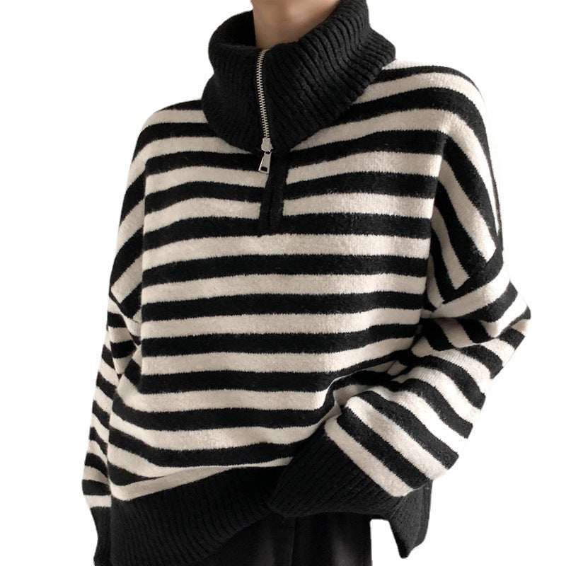 Autumn winter soft loose lazy stylish lapel collar half zipper high neck thick striped women’s sweater
