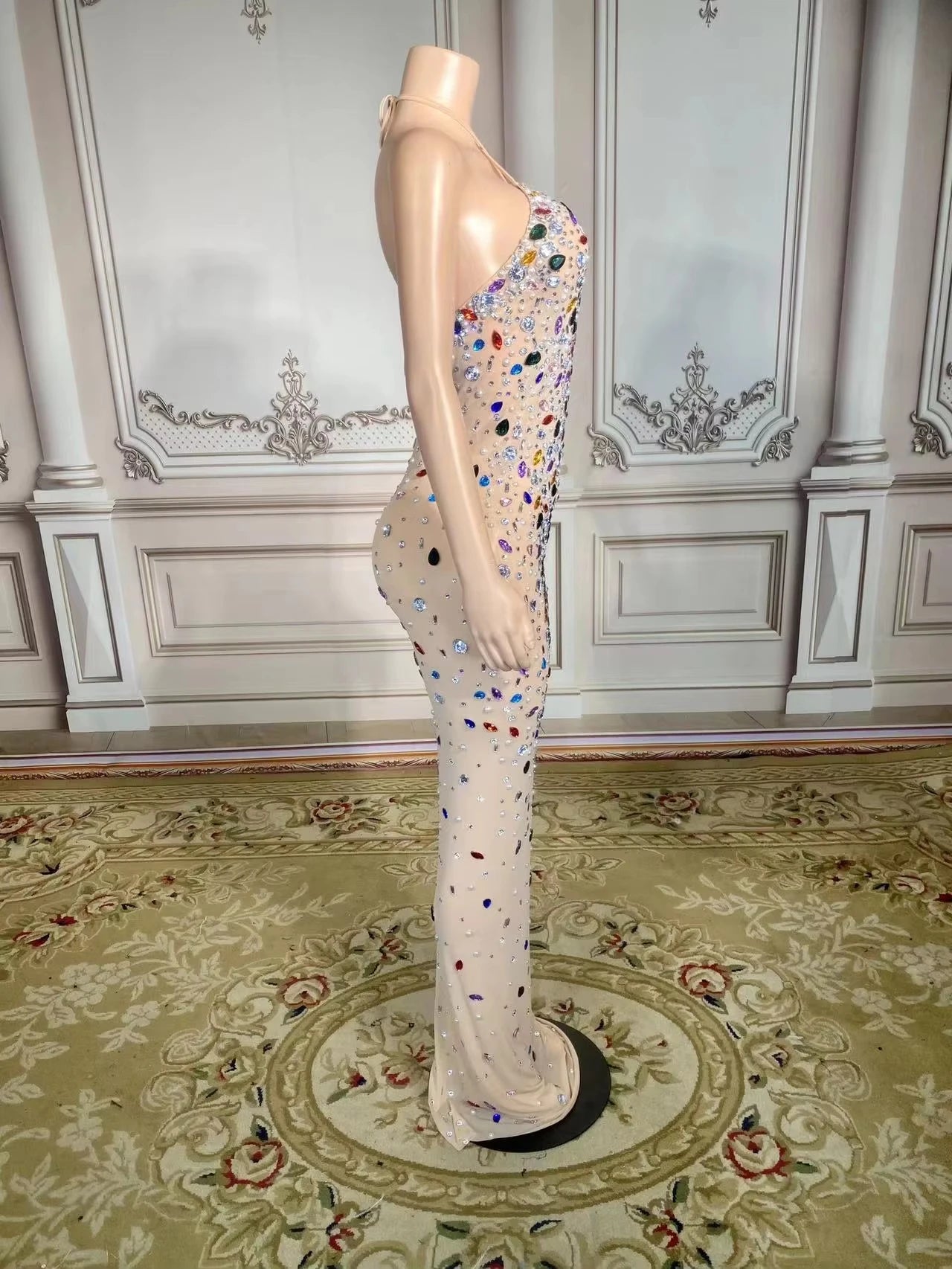 ZD Breathable Chiffon Mesh Bodycon Illusion Gown Off-Shoulder Open Back Maxi with Multicolor Rhinestones for Birthday & Club