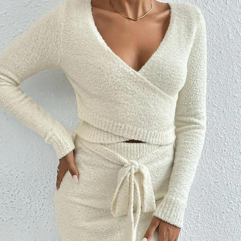 Trending Fashion V neck lace up crop top high waist skirts solid color women knitted sexy 2 piece set