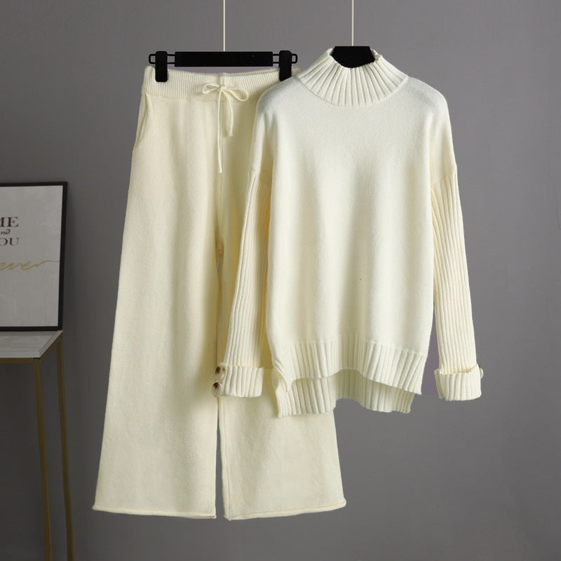 Trending Fashion rolled neck sweaters wide leg pants 2 piece set women knitted winter autumn casual streetwear