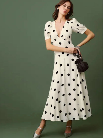 Women Ivory Black Polka Dot Puff Sleeve Deep V Neck Maxi Dress Formal Party Evening Elegant Outfit