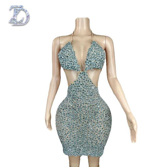 ZD Sparkling Rhinestone Natural Waist Mini Dress Crop Top Low Back Bold Cut-Out Bodycon Anti-Wrinkle Breathable Party Rave