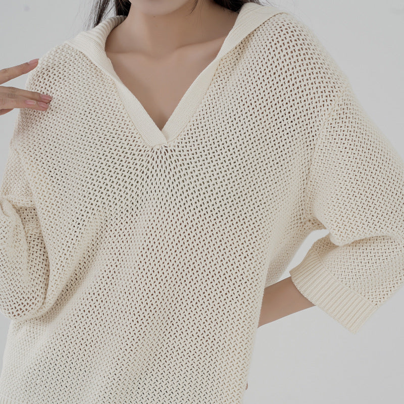 Trending fashion solid color casual knitwear pullover turn down collar hollow out sweaters women