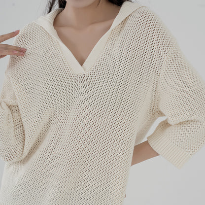 Trending fashion solid color casual knitwear pullover turn down collar hollow out sweaters women