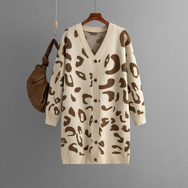 Knitwear deep v neck leopard pattern sweaters coat oversize lengthen women jacquard cardigans