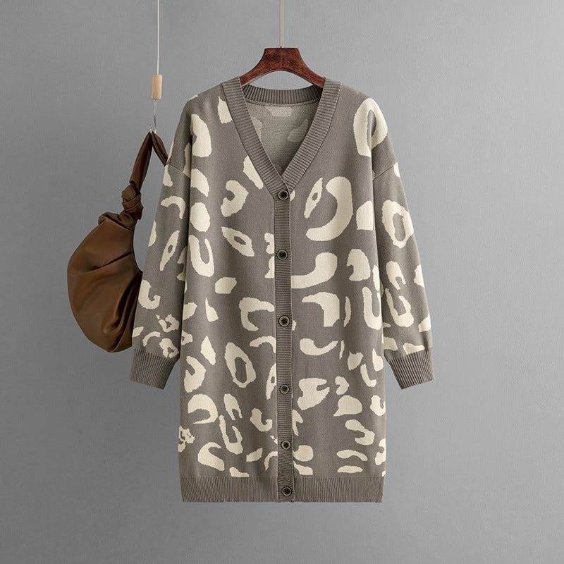 Knitwear deep v neck leopard pattern sweaters coat oversize lengthen women jacquard cardigans