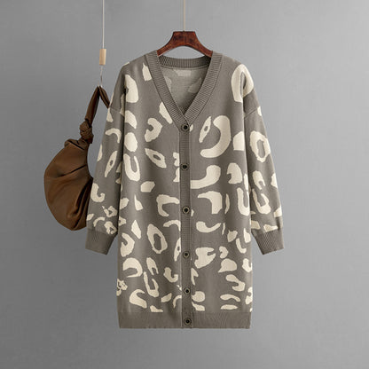 Knitwear deep v neck leopard pattern sweaters coat oversize lengthen women jacquard cardigans