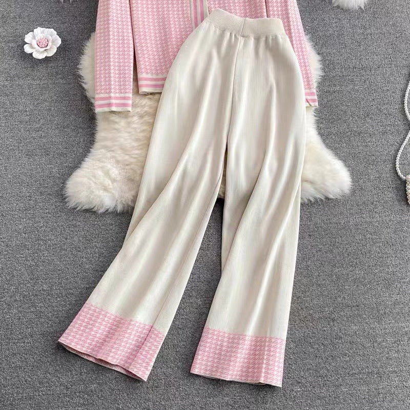 New arrivals women elegant single-breasted cardigans knit high waist pants set color blocking 2 piece matching outfits