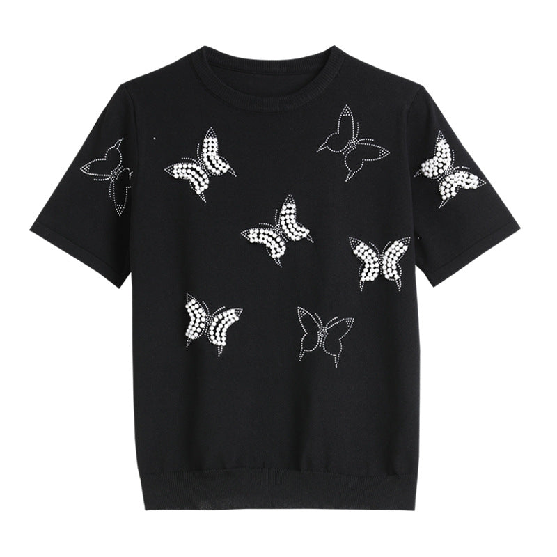 New Arrivals casual crew neck butterfly jumpers women Hot drill short sleeve pullover sweaters