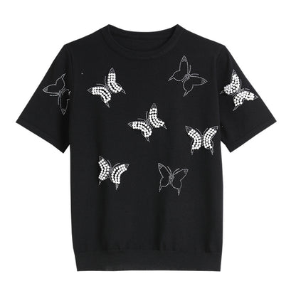 New Arrivals casual crew neck butterfly jumpers women Hot drill short sleeve pullover sweaters