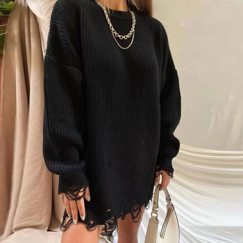 Trending Casual streetwear round neck Loose knitted solid color ripped sweater dress for omen