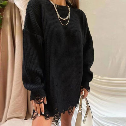 Trending Casual streetwear round neck Loose knitted solid color ripped sweater dress for omen