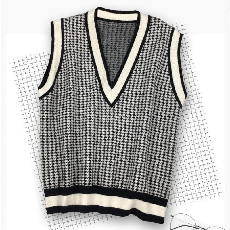 v neck autumn winter knitwear sleeveless vest color blocking loose unisex casual sweaters
