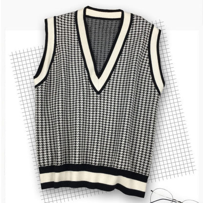 v neck autumn winter knitwear sleeveless vest color blocking loose unisex casual sweaters