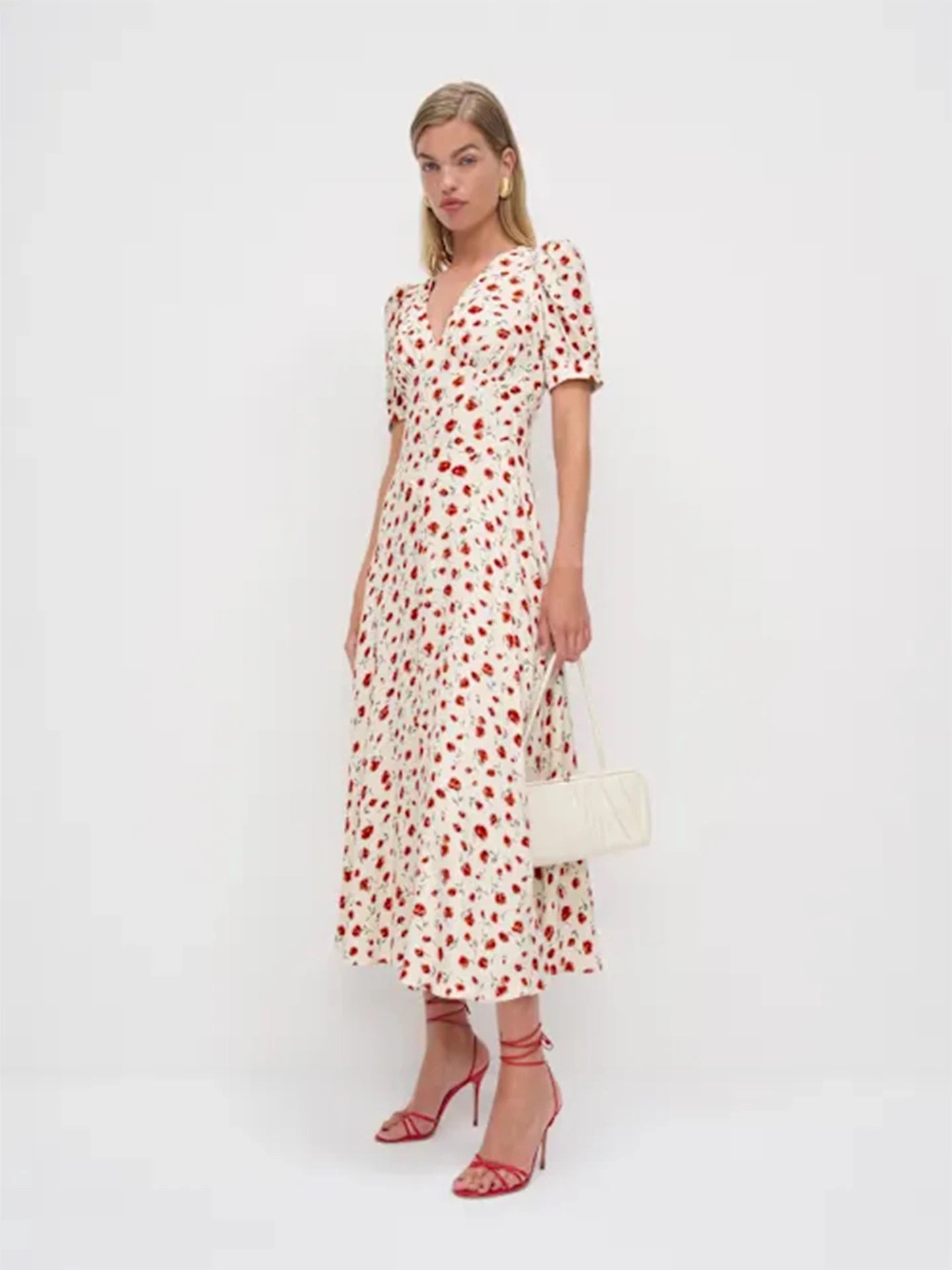 Women Ivory Red Floral Print Short Sleeve Deep V Neck Midi Dress Formal Daily Elegant Summer Breathable Natural Waistline Outfit
