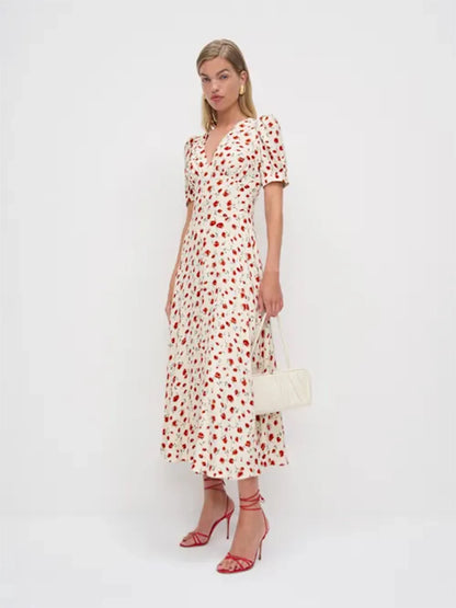 Women Ivory Red Floral Print Short Sleeve Deep V Neck Midi Dress Formal Daily Elegant Summer Breathable Natural Waistline Outfit
