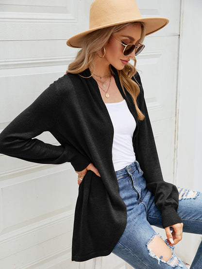Autumn winter solid color pleated knitted long sleeve sweater coat women elegant cardigan