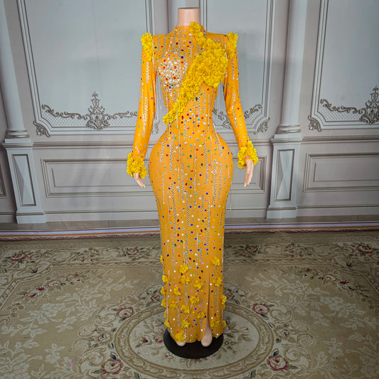 ZD Gold Floral Ball Gown Floor-Length Sexy Evening Dress Crystal Rhinestone Decoration Natural Anti-Wrinkle Breathable Stage
