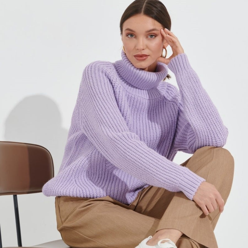New arrivals rolled collar knitwear lantern sleeve knitted pure color tops oversize pullover casual sweaters women