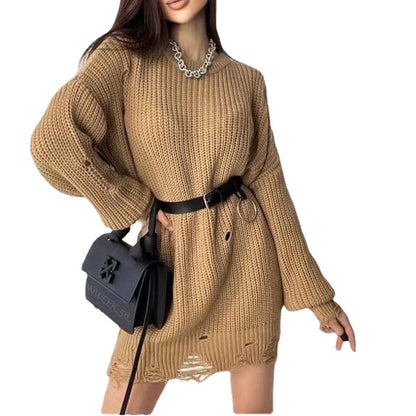 Trending Casual streetwear round neck Loose knitted solid color ripped sweater dress for omen